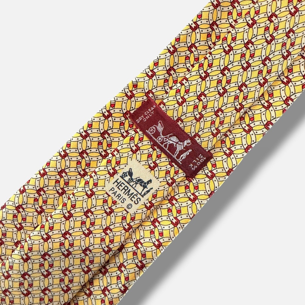Hermes Silk Tie Mens Yellow Red Equestrian Horseshoe Geometric Print 7044 TA